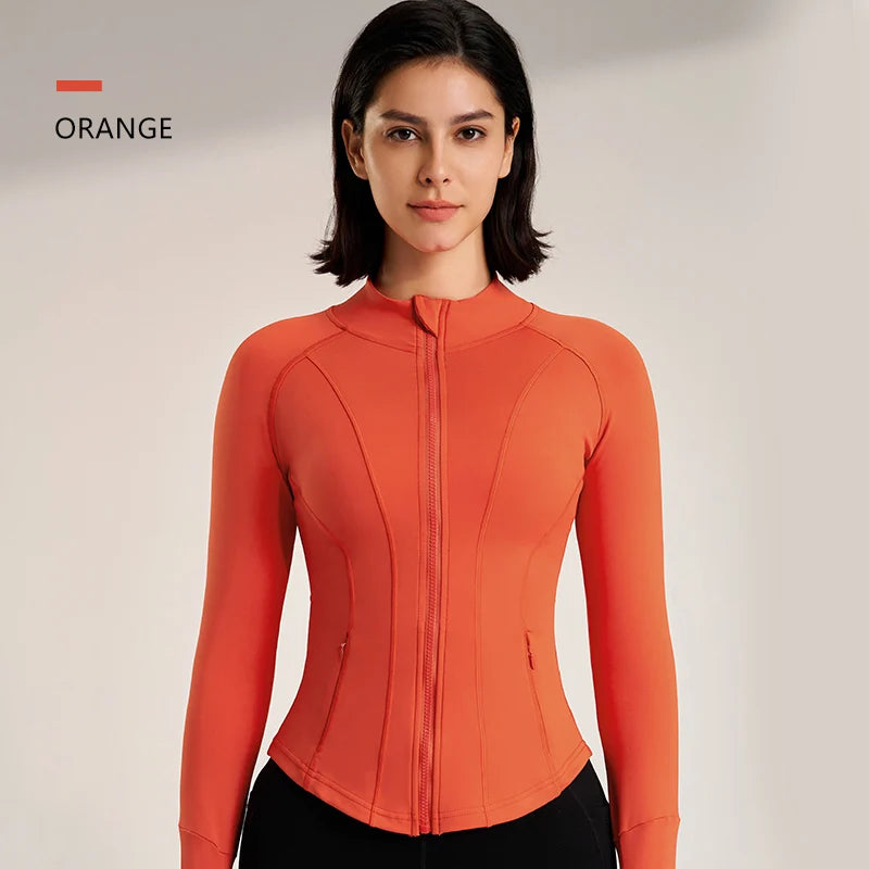 Women's Sport Jackets Zipper Slim Yoga Coat Quick Dry Running Jacket Elastic Long Sleeve Thumb Hole Gym Fitness Top