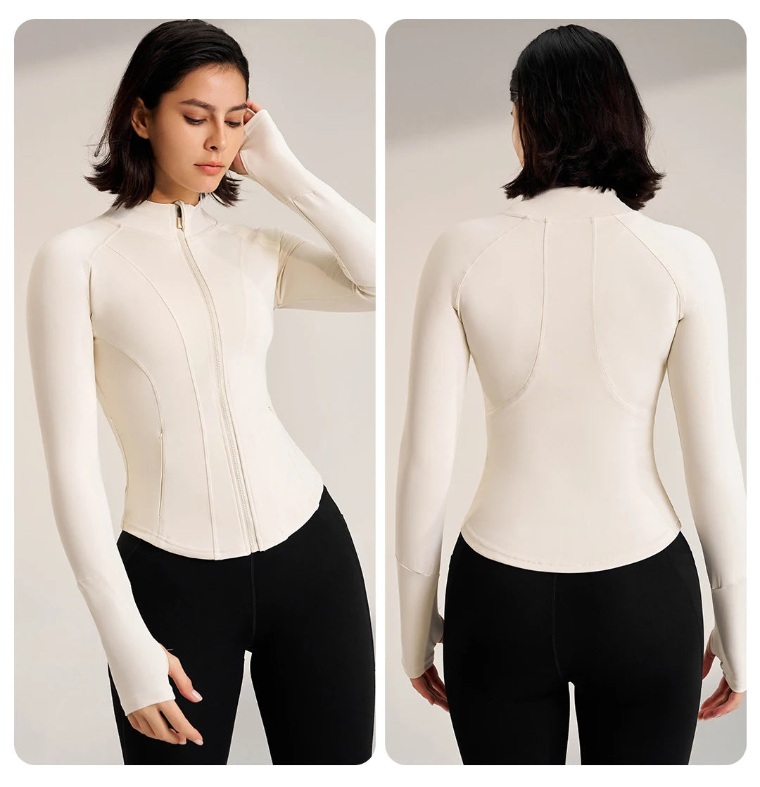 Women's Sport Jackets Zipper Slim Yoga Coat Quick Dry Running Jacket Elastic Long Sleeve Thumb Hole Gym Fitness Top