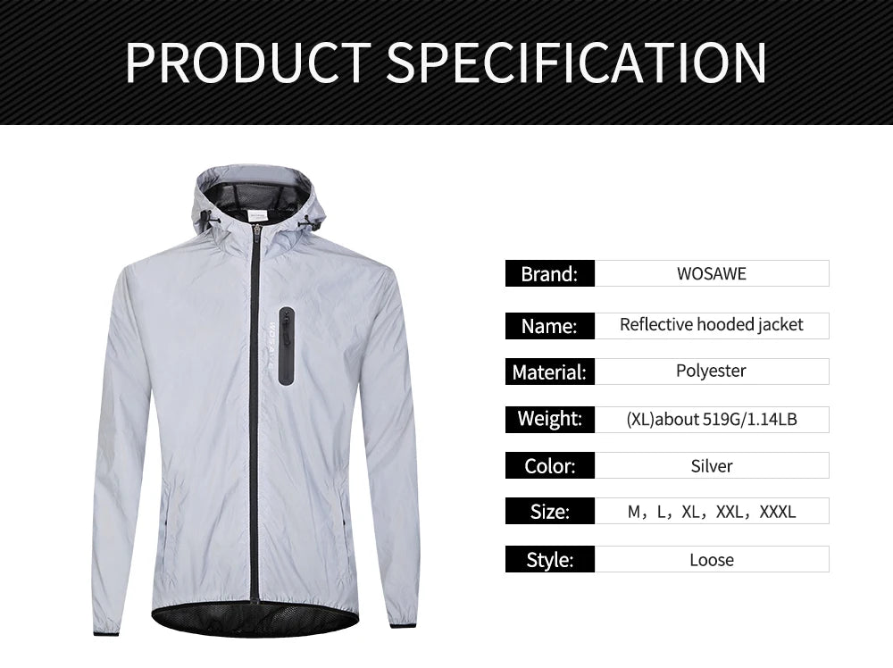 WOSAWE Autumn Winter Men Reflective Jacket Reflect Motorcycle Jacket Men /Women Waterproof Windbreaker Hoodies