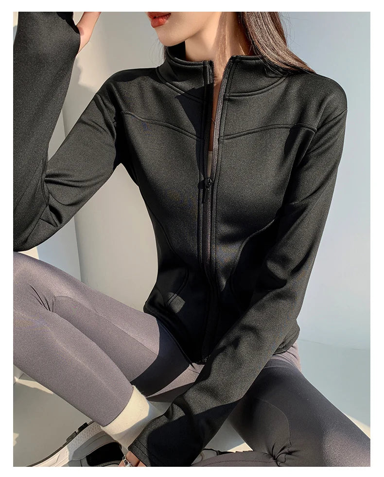 slim fit long sleeves jacket full-zipper fleece warm winter thick coat outer wear women gym fitness yoga tops