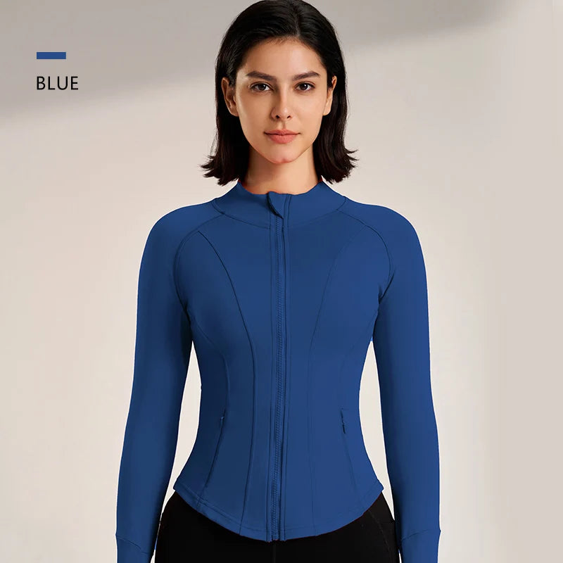 Women's Sport Jackets Zipper Slim Yoga Coat Quick Dry Running Jacket Elastic Long Sleeve Thumb Hole Gym Fitness Top
