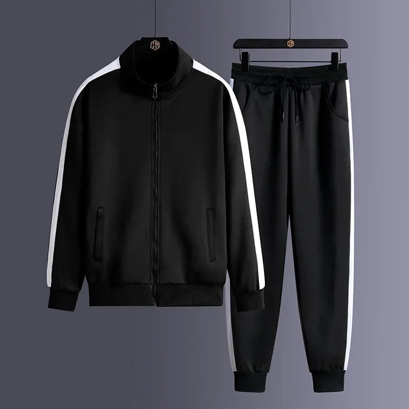 2024 Autumn Korean Tracksuit Men Zip Pocket Running Sets Striped Sporting Suit Jacket+ Sweatpants Jogging Fitness Clothing