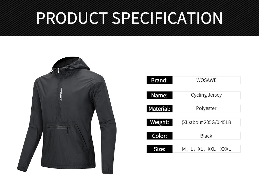 WOSAWE Cycling Windproof Jacket Lightweight Men Breathable Reflective Hooded Bike Jacket Half Zipper Outdoor Sport Windbreaker