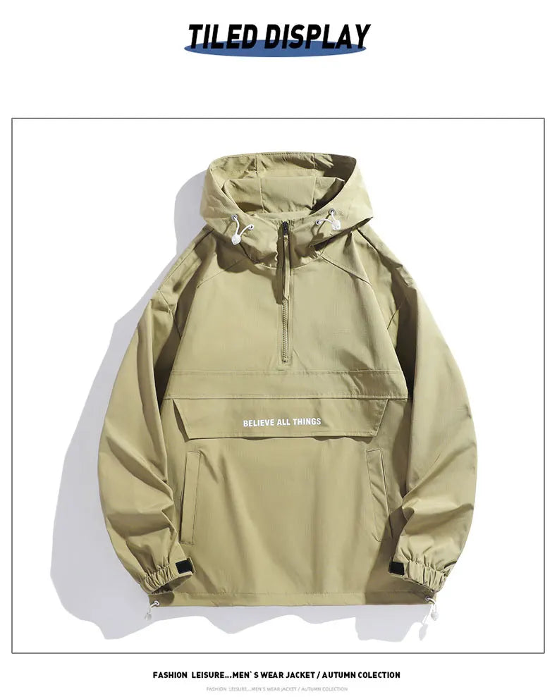 New Men Spring Autumn Waterproof Casual Versatile Top Japanese Korean Streetwear Fashion Loose Pullover Half Zip Hooded Jacket