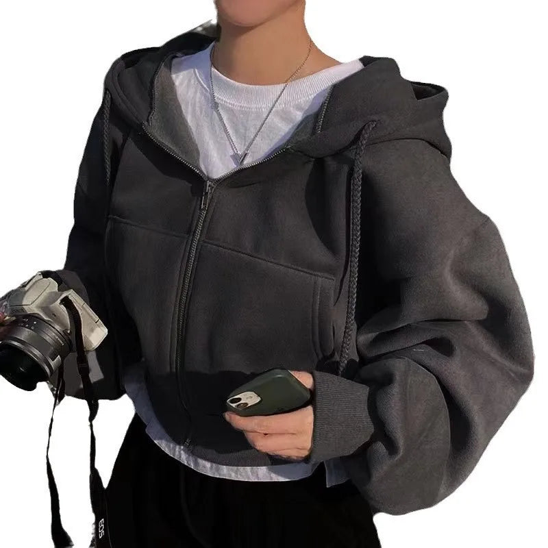 Casual Hood Sweatshirt Women Y2K Zip Up Hoodies Solid Harajuku Long Sleeve Shirt Oversized Crop Tops Female Loose Jackets Coat