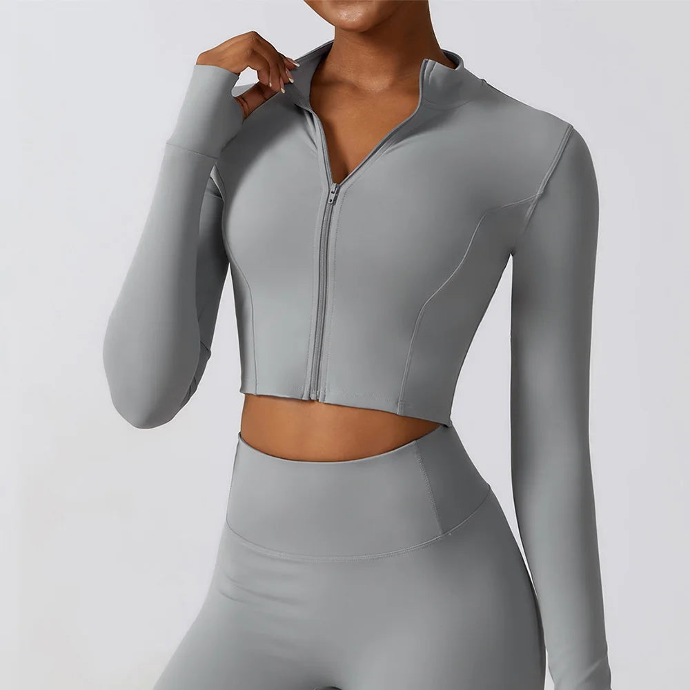 Women Zip Yoga Jacket Outdoor Running Sports Jacket Gym Push Up Fitness Long Sleeved Jacket Quick Drying Thumb Button Yoga Top