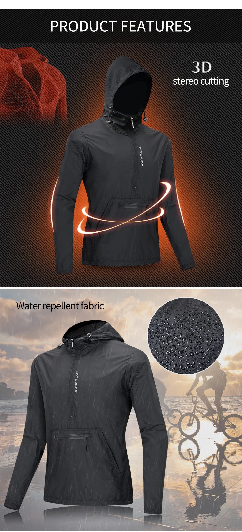 WOSAWE Men Running Jacket Reflective Windproof Waterproof Mountain Bike MTB Wind Coat Riding Bicycle Cycling Windbreaker