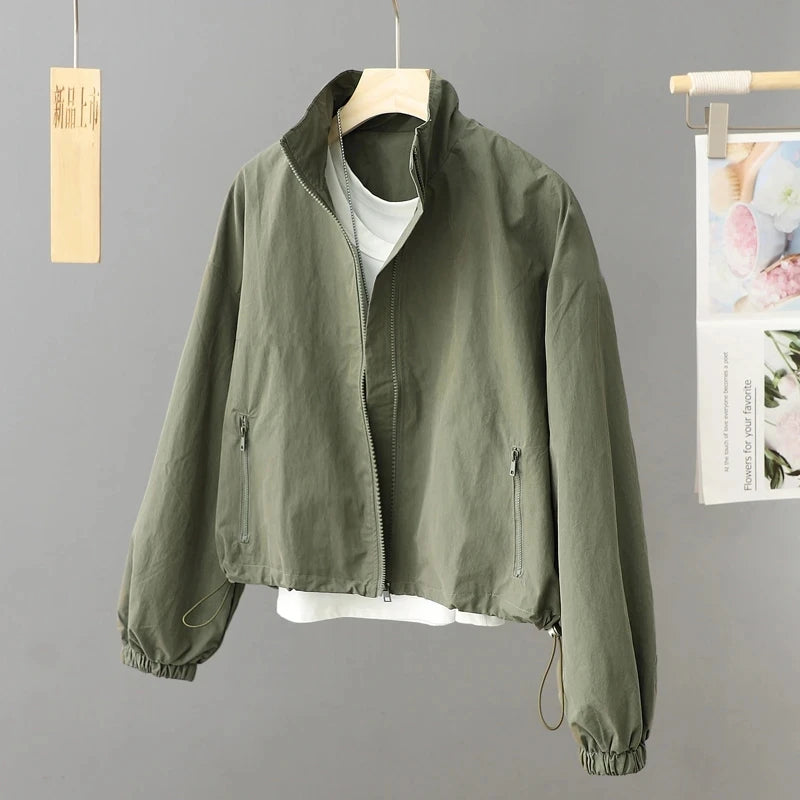 Spring Autumn Thin Cardigan Jacket Women's 2025 Jackets Zipper Long Sleeve Simple Fashionable Solid High-necked Female Coat Tops