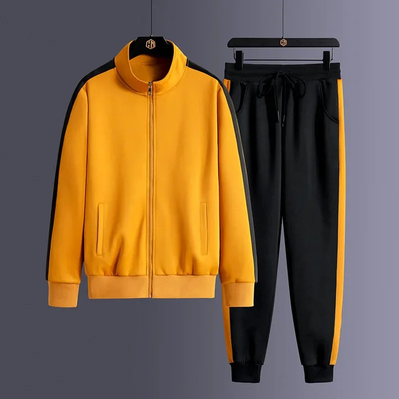 2024 Autumn Korean Tracksuit Men Zip Pocket Running Sets Striped Sporting Suit Jacket+ Sweatpants Jogging Fitness Clothing