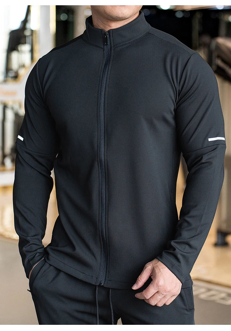 Men's Sports Fitness Casual Tops Long Sleeve Stand Up Collar Solid Colour Jacket Jogging Workout Sweatshirt with Zip Running