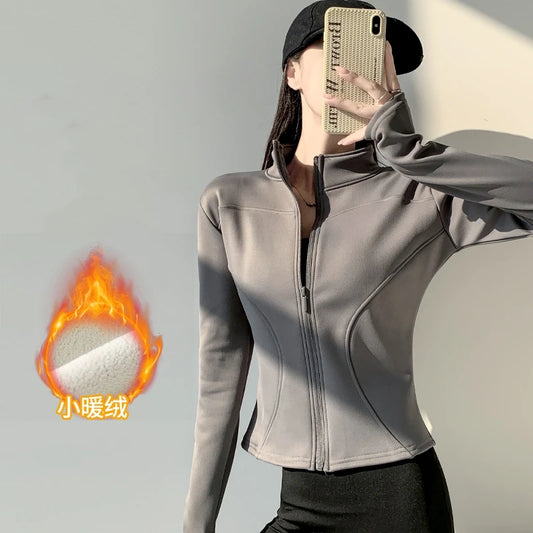 slim fit long sleeves jacket full-zipper fleece warm winter thick coat outer wear women gym fitness yoga tops