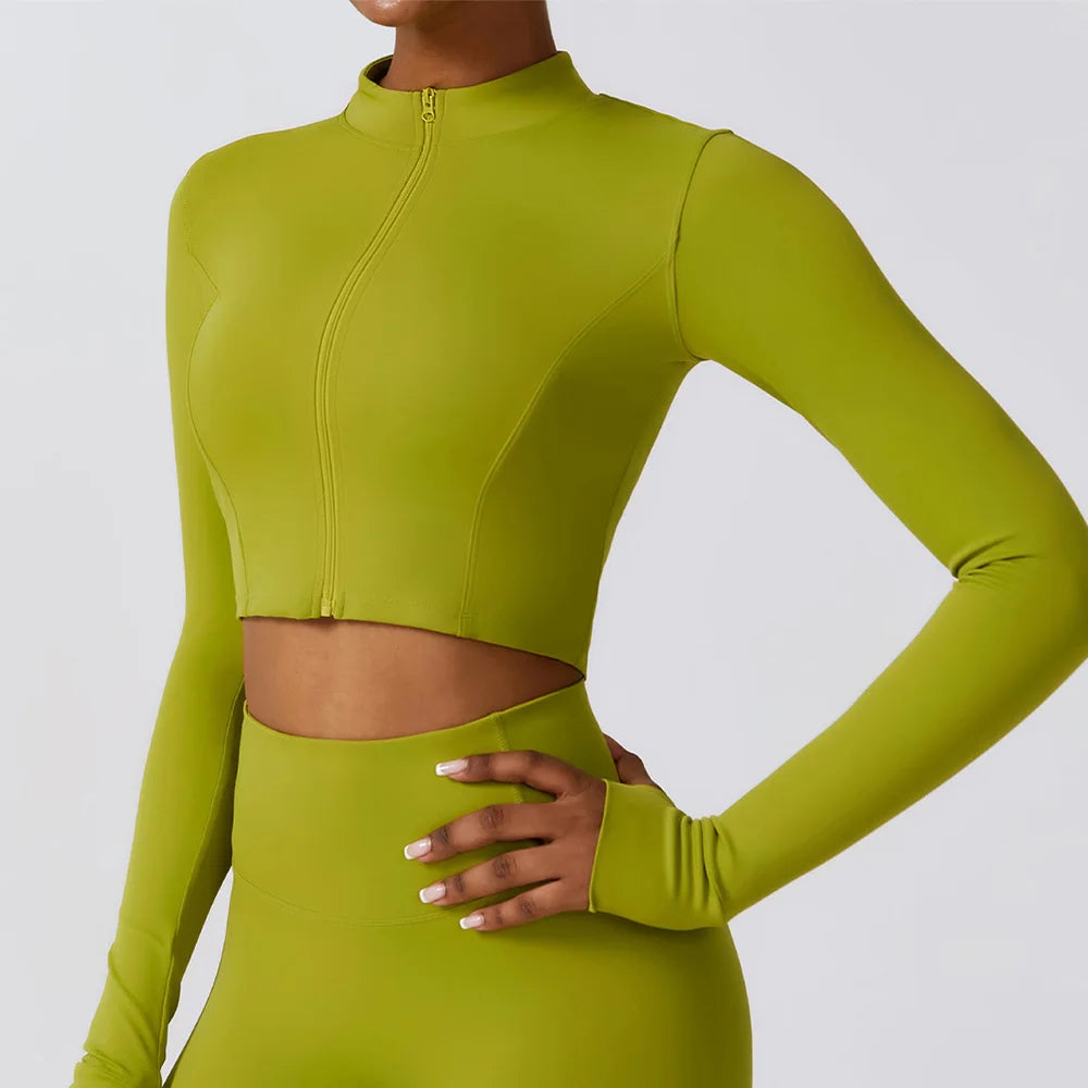 Women Zip Yoga Jacket Outdoor Running Sports Jacket Gym Push Up Fitness Long Sleeved Jacket Quick Drying Thumb Button Yoga Top