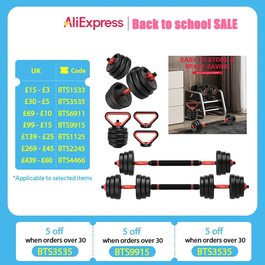 3-in-1 Dumbbells Set 20 kg Adjustable Dumbbells with Extra Barbell Bar Plastic-Coated Weight Plates Fitness Exercise Home Gym