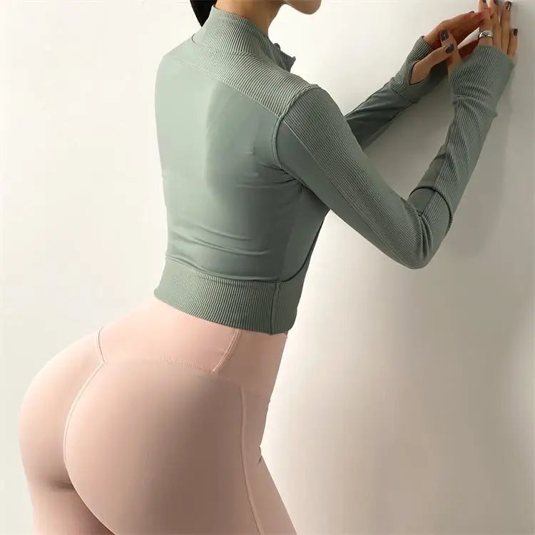 Half Zipper High Collar Sports Jacket Windbreak Tight Yoga Clothes Short Style Cycling Fitness Long Sleeve Quick-Drying Crop Top
