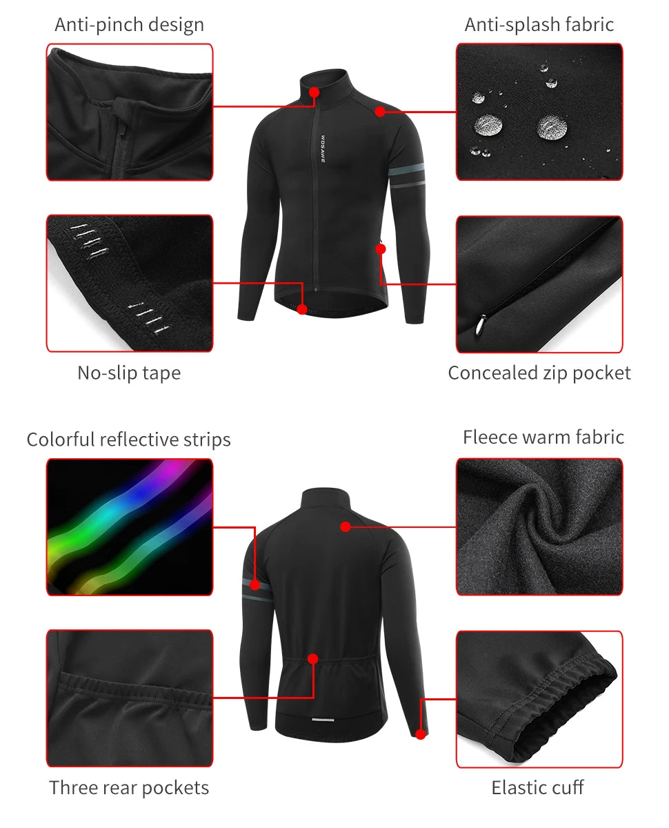 WOSAWE Men'sThermal Winter Cycling Jacket Fleece Lining Long Sleeve Jersey Windproof Running Riding Ciclismo Cycling Clothing