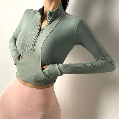Half Zipper High Collar Sports Jacket Windbreak Tight Yoga Clothes Short Style Cycling Fitness Long Sleeve Quick-Drying Crop Top