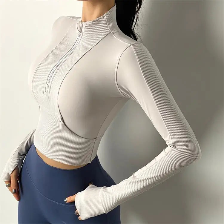 Half Zipper High Collar Sports Jacket Windbreak Tight Yoga Clothes Short Style Cycling Fitness Long Sleeve Quick-Drying Crop Top