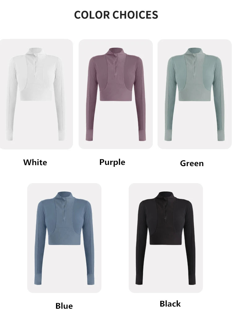 Half Zipper High Collar Sports Jacket Windbreak Tight Yoga Clothes Short Style Cycling Fitness Long Sleeve Quick-Drying Crop Top