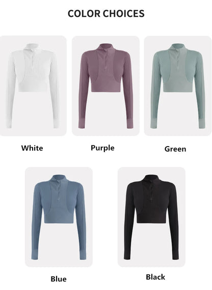 Half Zipper High Collar Sports Jacket Windbreak Tight Yoga Clothes Short Style Cycling Fitness Long Sleeve Quick-Drying Crop Top