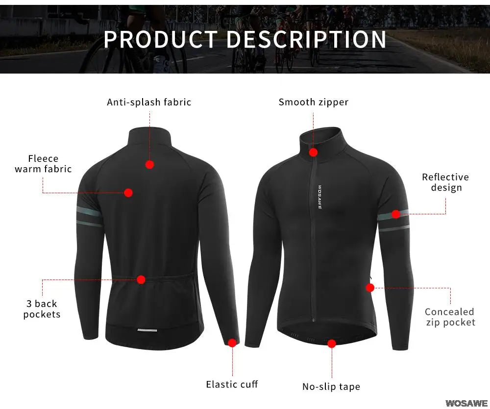 WOSAWE Men'sThermal Winter Cycling Jacket Fleece Lining Long Sleeve Jersey Windproof Running Riding Ciclismo Cycling Clothing