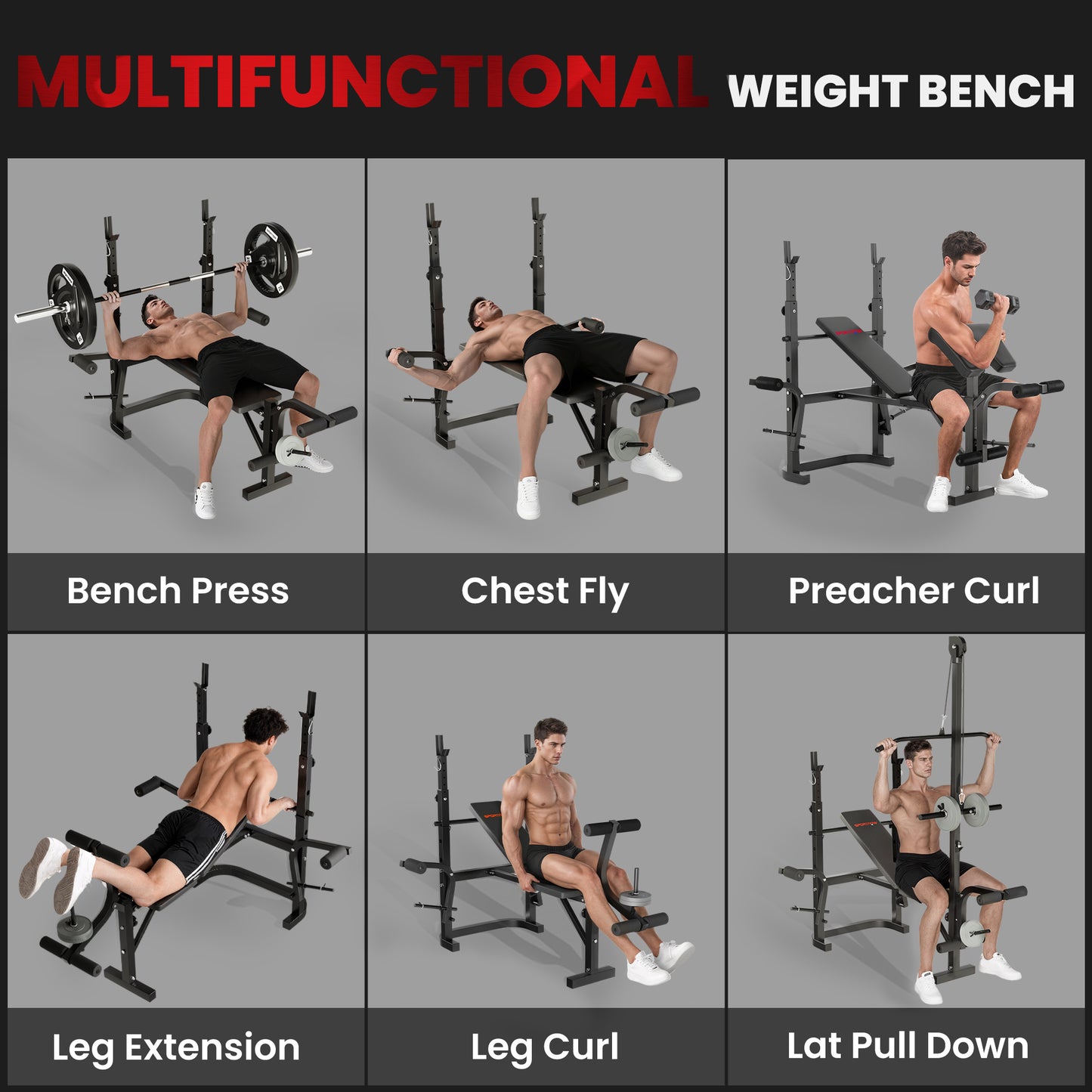 SPORTNOW Adjustable Weight Bench with Bench Press Rack, Preacher Curl Bench, Leg Extension and Lat Pull Down