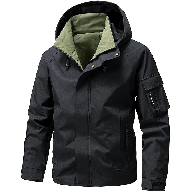 Waterproof Camping Jacket Men Outdoor Softshell Zip Up Hooded Cargo Jacket Man Windbreaker Hiking Coat Lightweight Spring Autumn