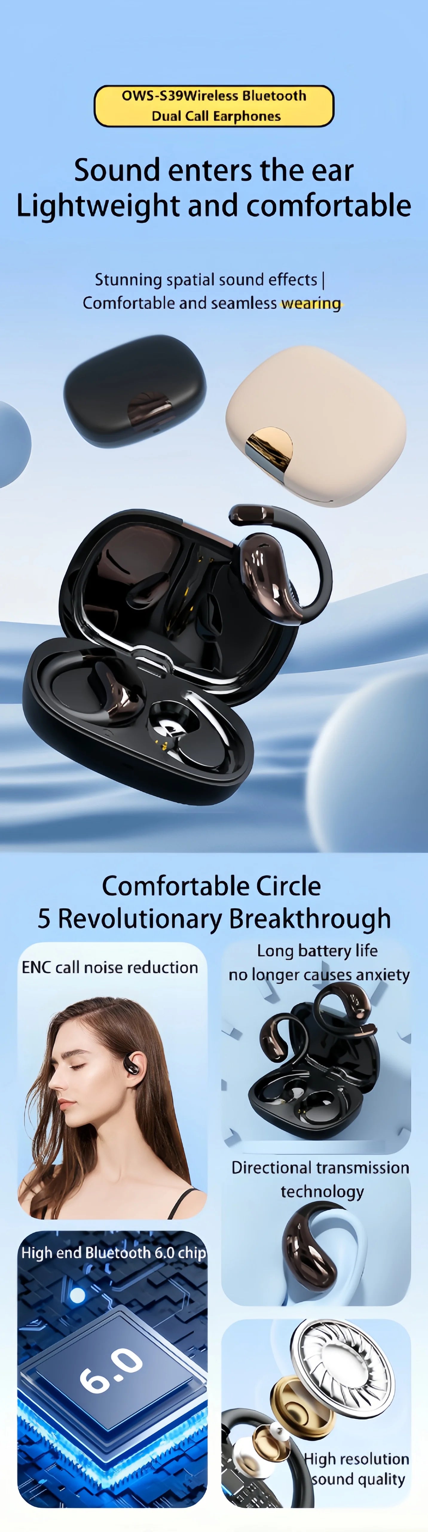 Bluetooth 6.0 OWS Earphone Sport Wireless Headphone HD Call Earbud 30dB ENC Noise Cancelling 40H Playtime for Gym Running Gaming