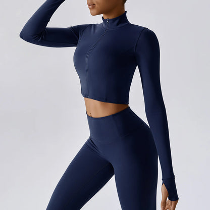 Women Zip Yoga Jacket Outdoor Running Sports Jacket Gym Push Up Fitness Long Sleeved Jacket Quick Drying Thumb Button Yoga Top
