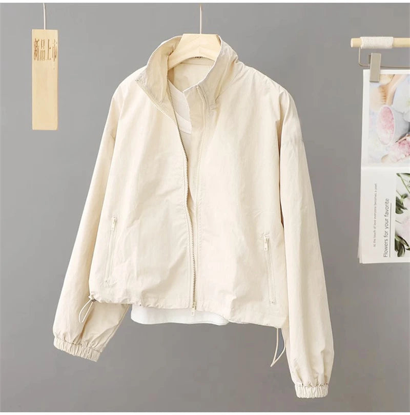 Spring Autumn Thin Cardigan Jacket Women's 2025 Jackets Zipper Long Sleeve Simple Fashionable Solid High-necked Female Coat Tops