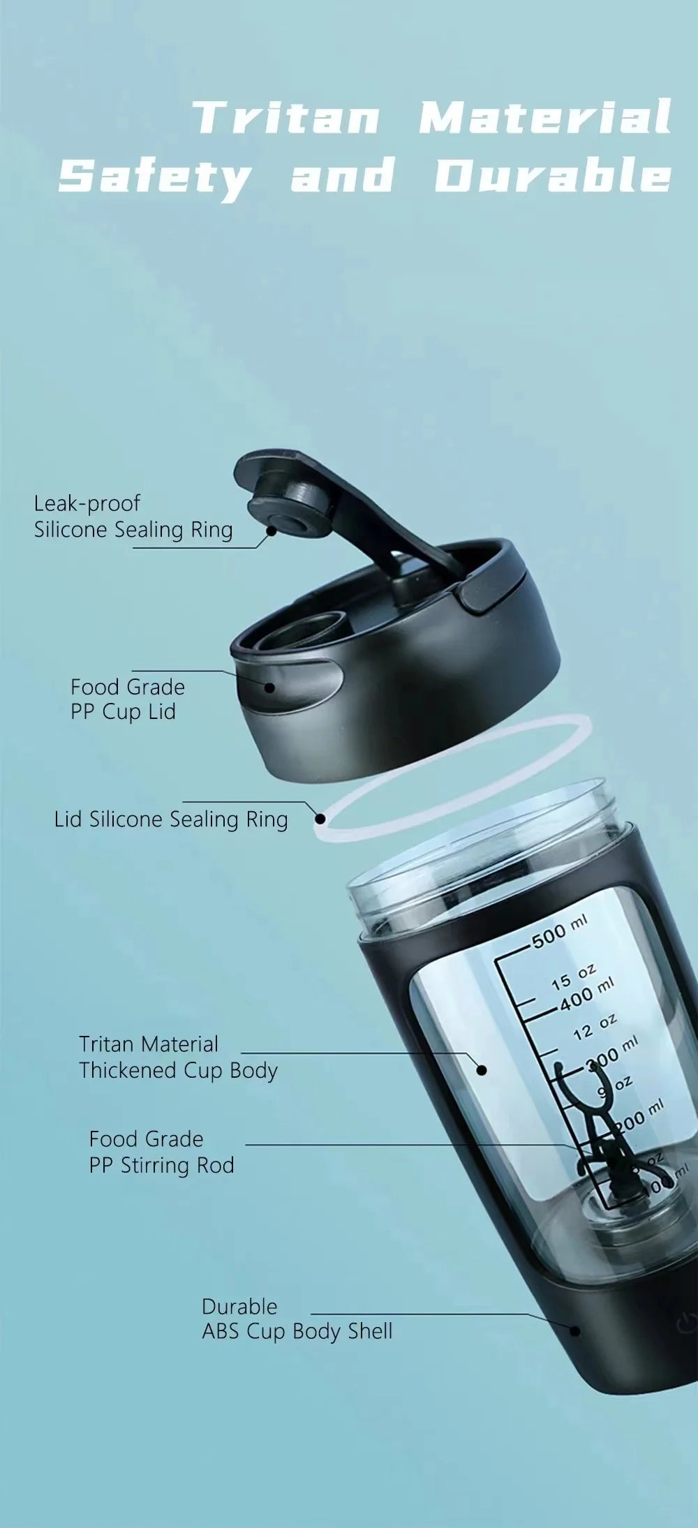 Electric Protein Shaker Bottle Portable 1200mAh Rechargeable Blender Cup Automatic Self Stirring Mug 650ml Mixing Cups for Fitne