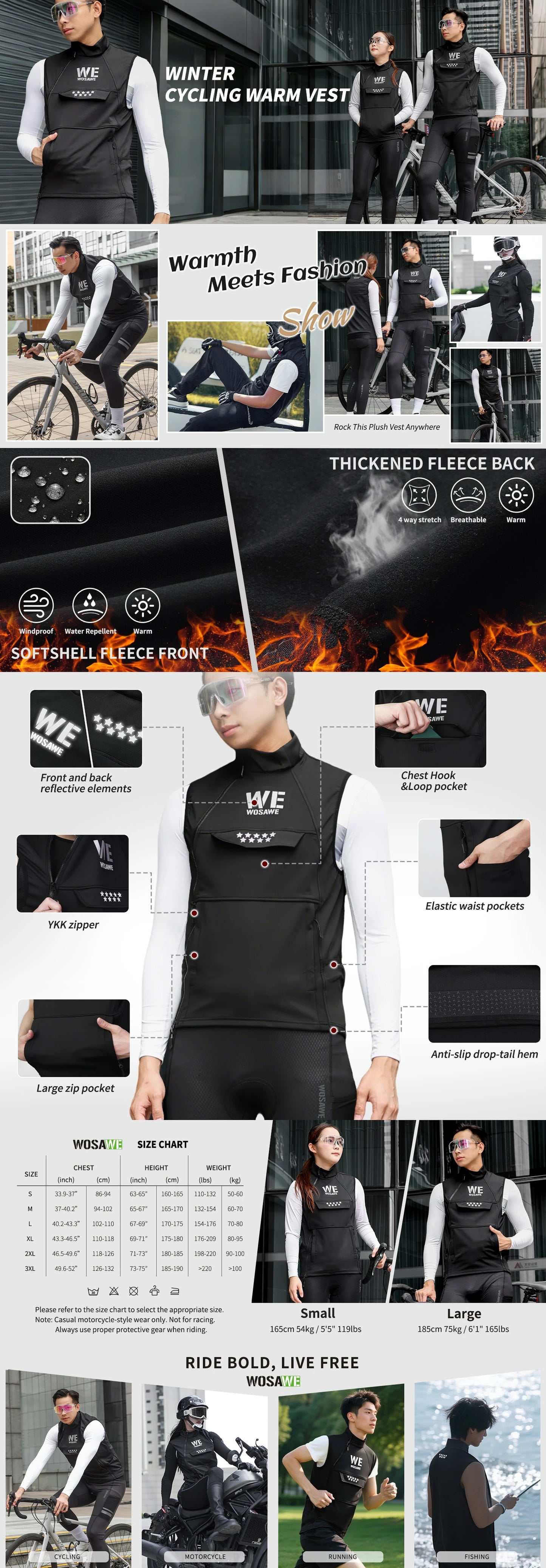 WOSAWE Thermal Winter Cycling Vest Windproof Bike Jacket Sleeveless Windbreaker Back Pockets for Men and Women