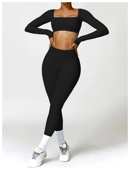 Hearuisavy Casual Quick Dry Sportswear Women Square Neck Gym Top Women Fitness Sports Crop Top Female Long Sleeve Yoga Clothing