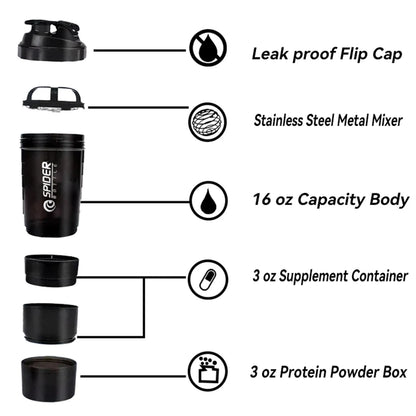 1pc Protein Shaker Bottle Portable 16oz Powder Shake Cup 3 Layers  Shaker Protein Bottle with 3oz twist-off cups & pill tray