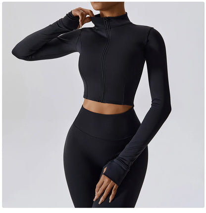Women Zip Yoga Jacket Outdoor Running Sports Jacket Gym Push Up Fitness Long Sleeved Jacket Quick Drying Thumb Button Yoga Top