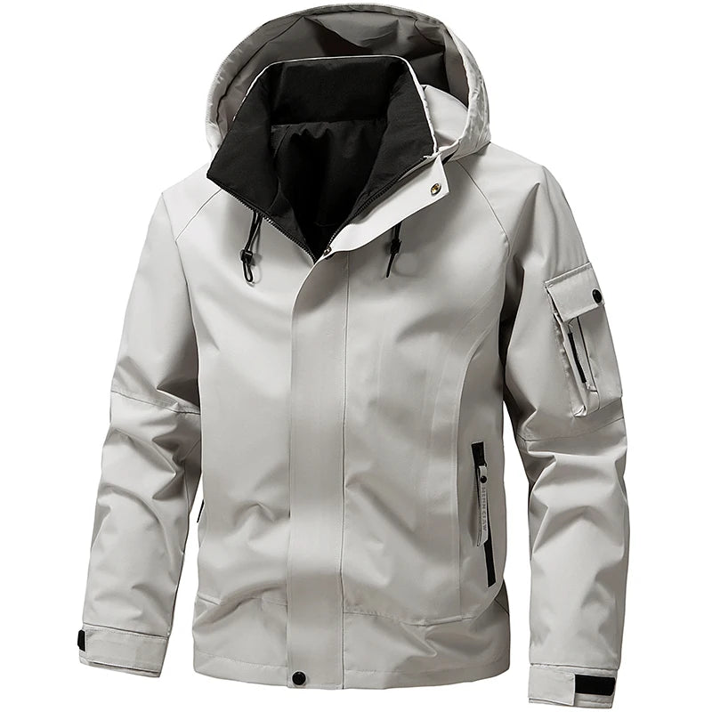 Waterproof Camping Jacket Men Outdoor Softshell Zip Up Hooded Cargo Jacket Man Windbreaker Hiking Coat Lightweight Spring Autumn