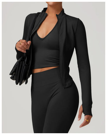 Zipper Jacket Women Crop Tops Yoga T-shirts Solid Sports Top Long Sleeve Running Shirts Sexy Quick Dry Fitness Gym Sport Wear