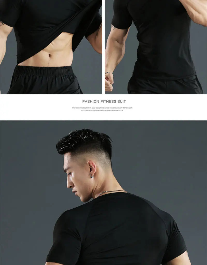 Sports T-shirt men's quick drying short sleeved sports T-shirt top gym fitness tight fitting shirt training running T-shirt men'