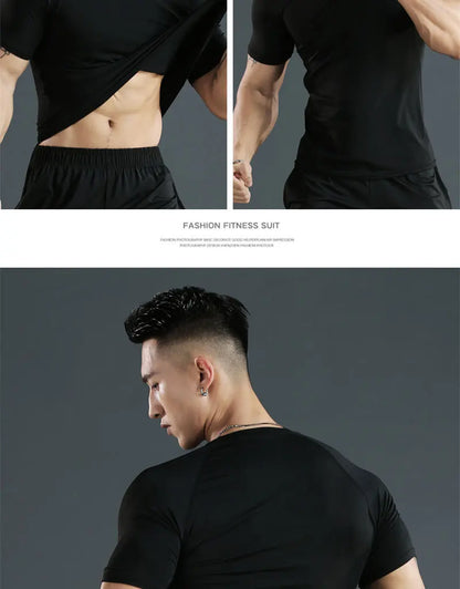 Sports T-shirt men's quick drying short sleeved sports T-shirt top gym fitness tight fitting shirt training running T-shirt men'