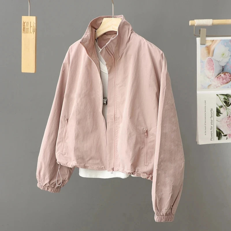 Spring Autumn Thin Cardigan Jacket Women's 2025 Jackets Zipper Long Sleeve Simple Fashionable Solid High-necked Female Coat Tops