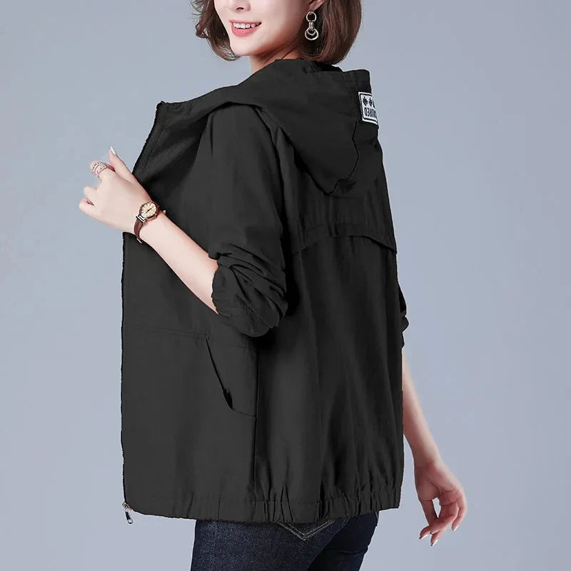 Women’s Jacket 2023 New Autumn Long Sleeve Casual Windbreaker Famale Hooded Pocket Zipper Bomber Jacket Loose Outerwear 6XL