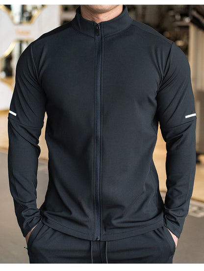 Men's Sports Fitness Casual Tops Long Sleeve Stand Up Collar Solid Colour Jacket Jogging Workout Sweatshirt with Zip Running