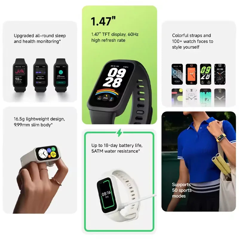 Global Version Xiaomi Smart Band 9 Active Bluetooth Smartwatch 1.47" TFT Screen 18 Days Battery Life Sports Modes Sleep Tracking