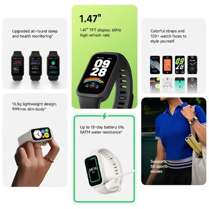 Global Version Xiaomi Smart Band 9 Active Bluetooth Smartwatch 1.47" TFT Screen 18 Days Battery Life Sports Modes Sleep Tracking