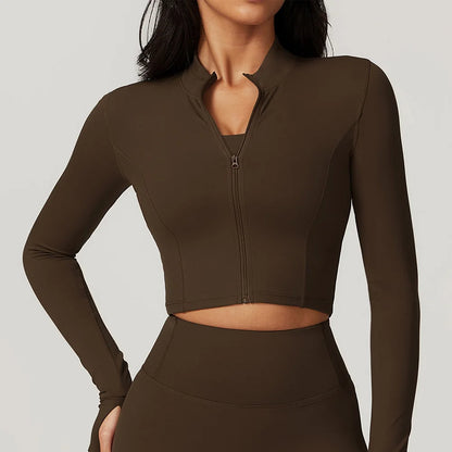 Women Zip Yoga Jacket Outdoor Running Sports Jacket Gym Push Up Fitness Long Sleeved Jacket Quick Drying Thumb Button Yoga Top