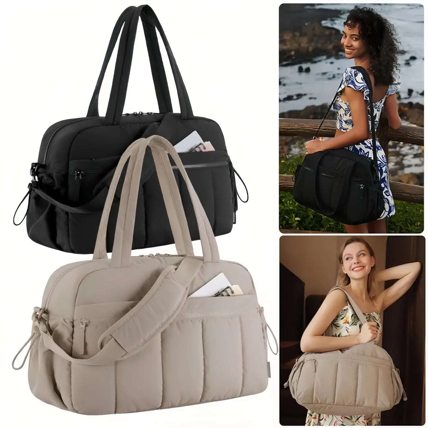 Expandable Travel Duffel Bag - Stylish oversized shoe compartment portable gym bag that folds lightweight duffle-tan