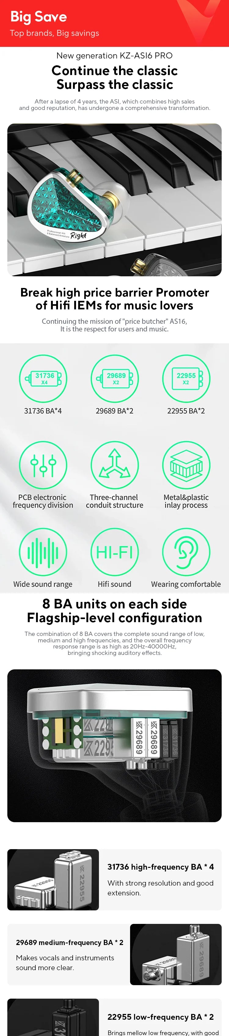 KZ AS16 Pro In Ear Earphones 16BA Balanced Armature HIFI Bass Monitor Headphones Noise Cancelling Earbuds Sport Headset
