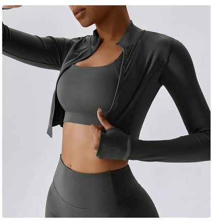 Women Zip Yoga Jacket Outdoor Running Sports Jacket Gym Push Up Fitness Long Sleeved Jacket Quick Drying Thumb Button Yoga Top