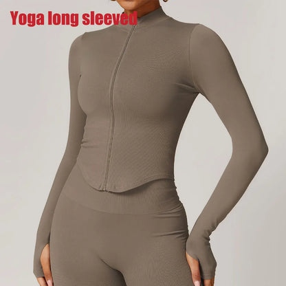 Zipper Jacket Women Crop Tops Yoga T-shirts Solid Sports Top Long Sleeve Running Shirts Sexy Quick Dry Fitness Gym Sport Wear