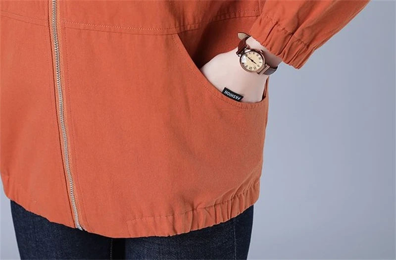 Women’s Jacket 2023 New Autumn Long Sleeve Casual Windbreaker Famale Hooded Pocket Zipper Bomber Jacket Loose Outerwear 6XL