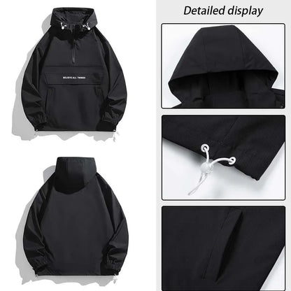 New Men Spring Autumn Waterproof Casual Versatile Top Japanese Korean Streetwear Fashion Loose Pullover Half Zip Hooded Jacket